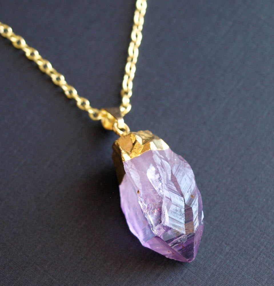 Long Gold Raw Amethyst Crystal Statement Necklace