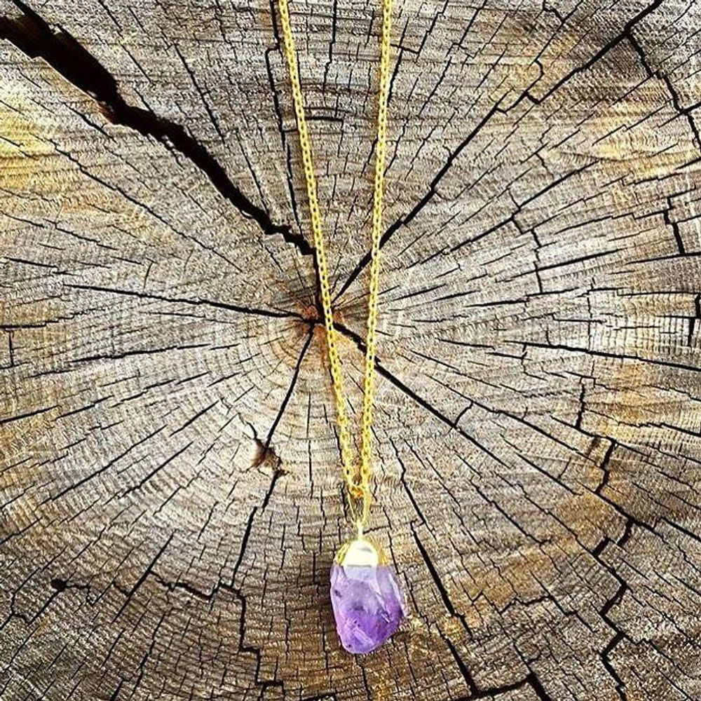 Long Gold Raw Amethyst Crystal Statement Necklace